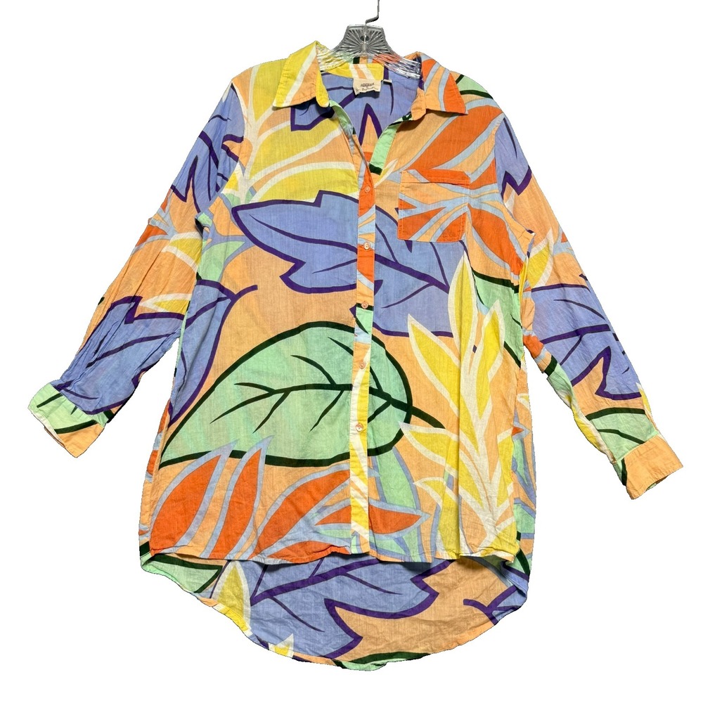 True Destinations Blouse Womens L Boho Tropical Leaf Festival Resortwear Coastal